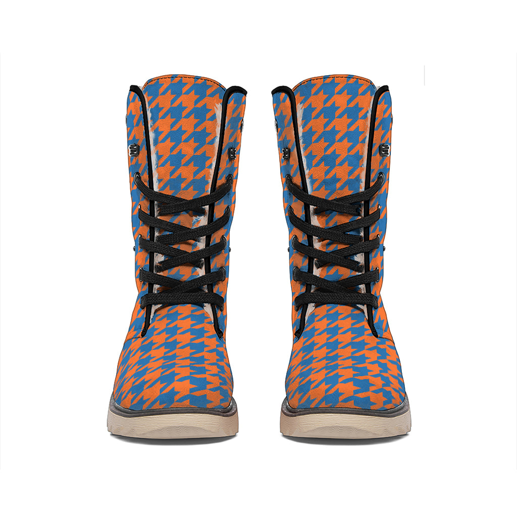 Orange And Blue Houndstooth Print Winter Boots