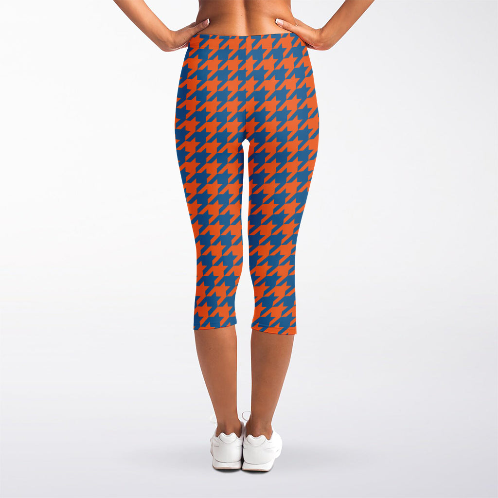 Orange And Blue Houndstooth Print Women's Capri Leggings