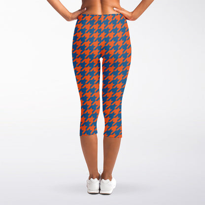 Orange And Blue Houndstooth Print Women's Capri Leggings