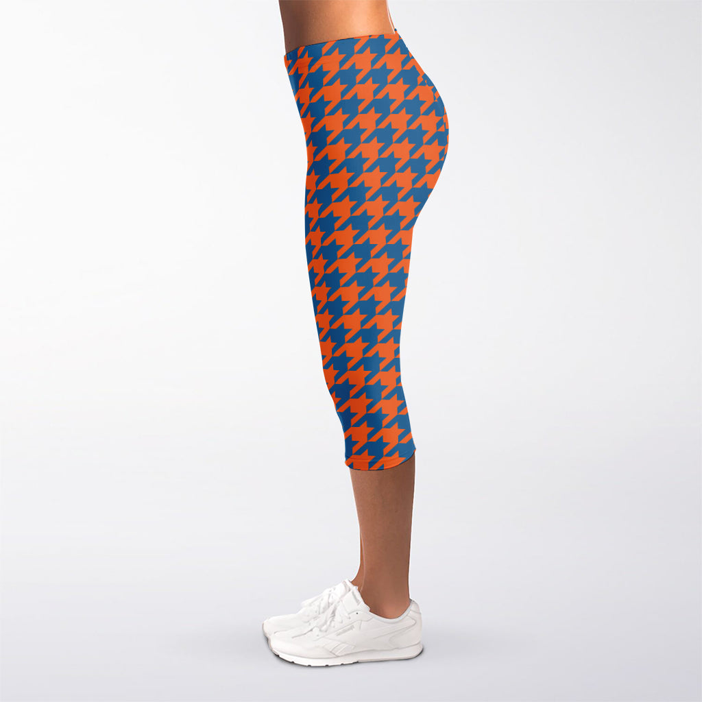 Orange And Blue Houndstooth Print Women's Capri Leggings