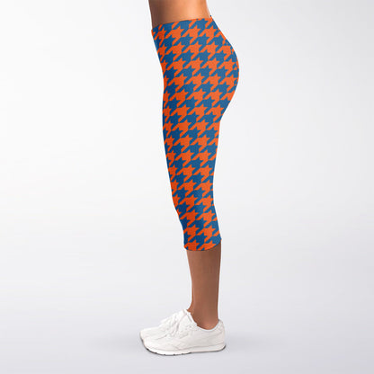 Orange And Blue Houndstooth Print Women's Capri Leggings