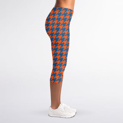 Orange And Blue Houndstooth Print Women's Capri Leggings