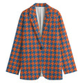 Orange And Blue Houndstooth Print Women's Cotton Blazer