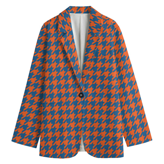 Orange And Blue Houndstooth Print Women's Cotton Blazer