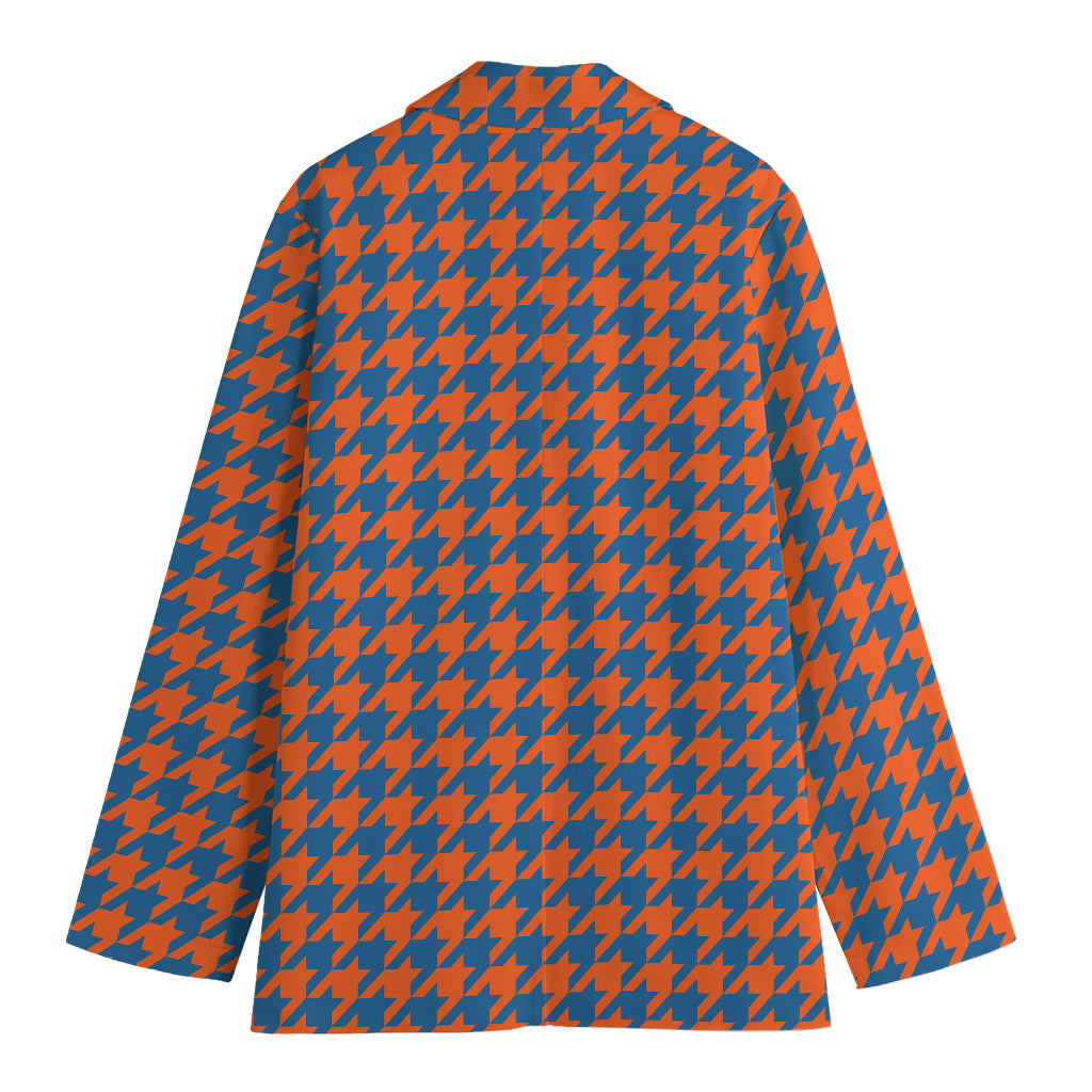 Orange And Blue Houndstooth Print Women's Cotton Blazer