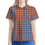 Orange And Blue Houndstooth Print Women's Polo Shirt