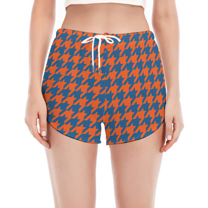 Orange And Blue Houndstooth Print Women's Split Running Shorts