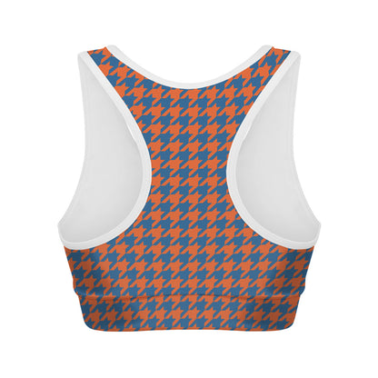 Orange And Blue Houndstooth Print Women's Sports Bra