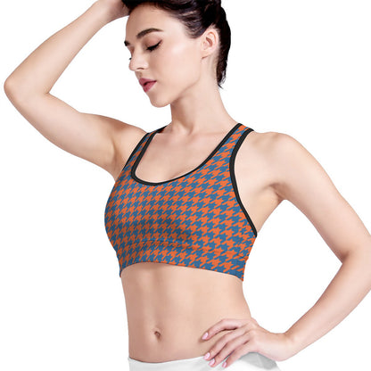 Orange And Blue Houndstooth Print Women's Sports Bra