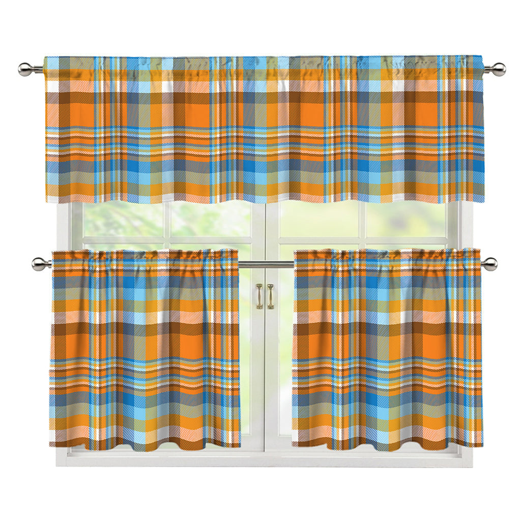 Orange And Blue Madras Pattern Print 3 Piece Kitchen Curtains