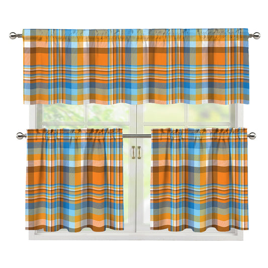 Orange And Blue Madras Pattern Print 3 Piece Kitchen Curtains