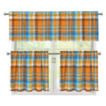 Orange And Blue Madras Pattern Print 3 Piece Kitchen Curtains