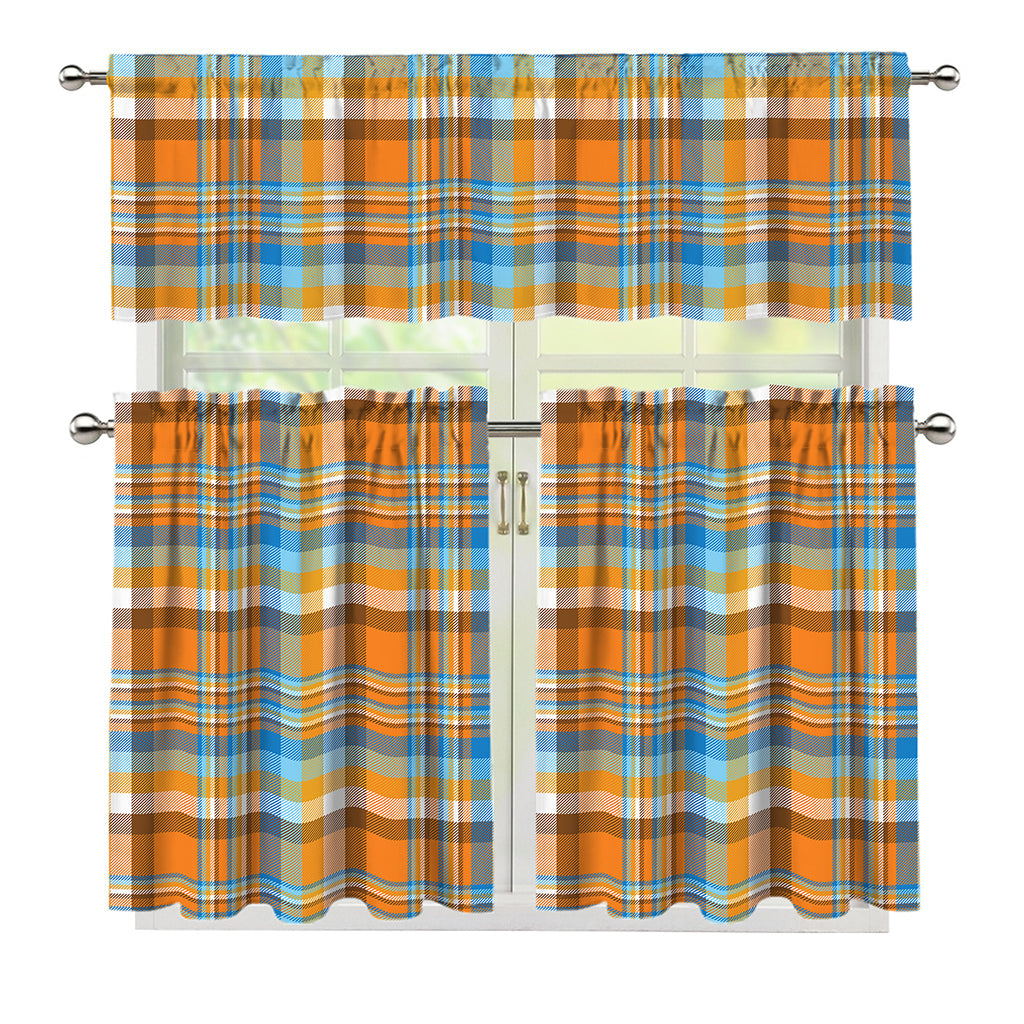 Orange And Blue Madras Pattern Print 3 Piece Kitchen Curtains