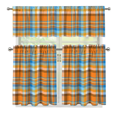 Orange And Blue Madras Pattern Print 3 Piece Kitchen Curtains