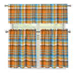 Orange And Blue Madras Pattern Print 3 Piece Kitchen Curtains