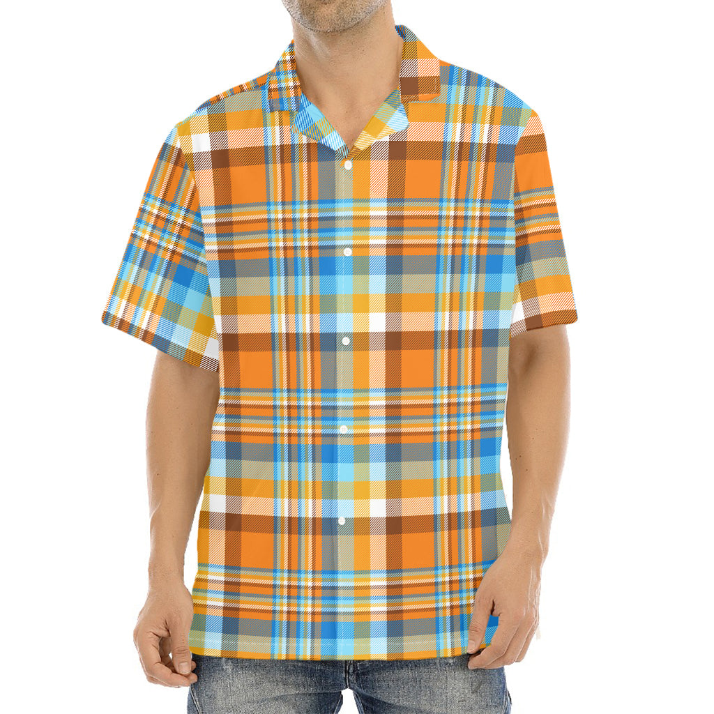 Orange And Blue Madras Pattern Print Aloha Shirt