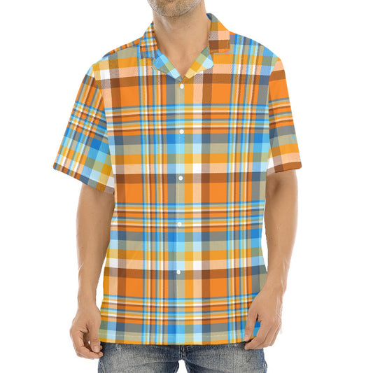 Orange And Blue Madras Pattern Print Aloha Shirt
