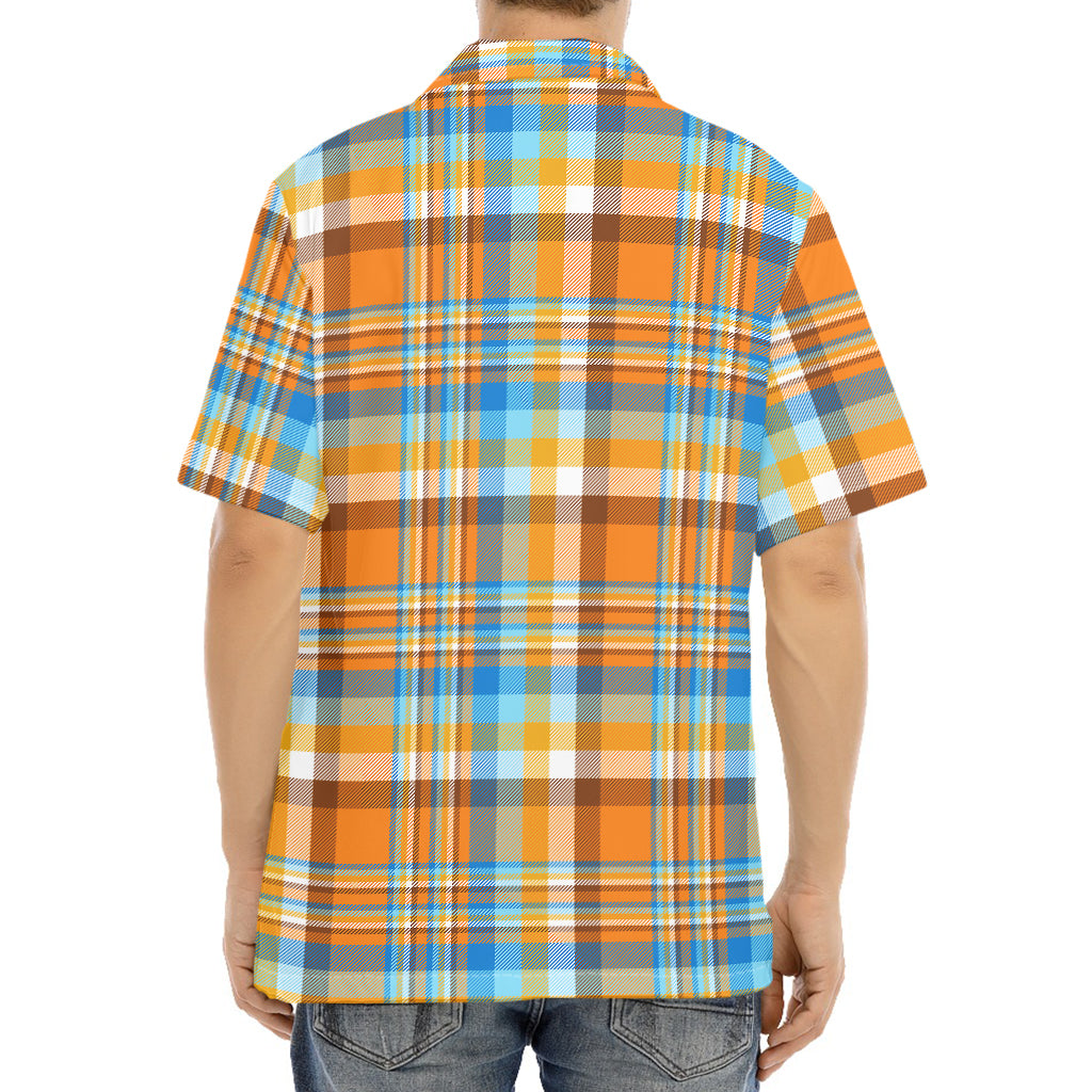 Orange And Blue Madras Pattern Print Aloha Shirt