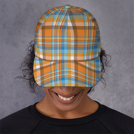 Orange And Blue Madras Pattern Print Baseball Cap