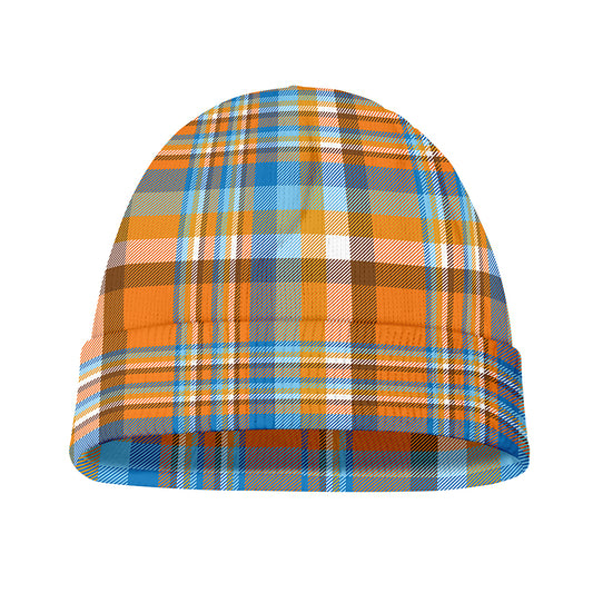 Orange And Blue Madras Pattern Print Beanie