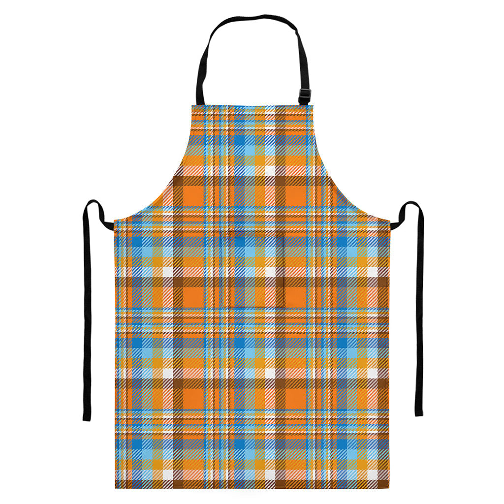 Orange And Blue Madras Pattern Print Bib Apron With Pocket