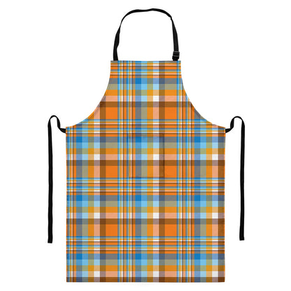 Orange And Blue Madras Pattern Print Bib Apron With Pocket