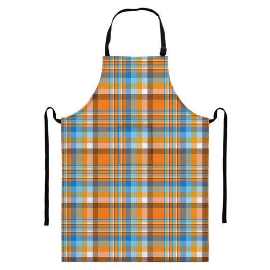 Orange And Blue Madras Pattern Print Bib Apron With Pocket