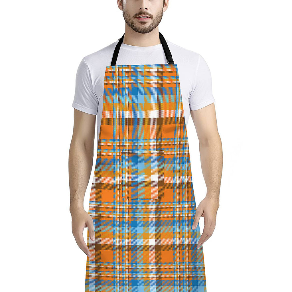 Orange And Blue Madras Pattern Print Bib Apron With Pocket