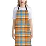 Orange And Blue Madras Pattern Print Bib Apron With Pocket