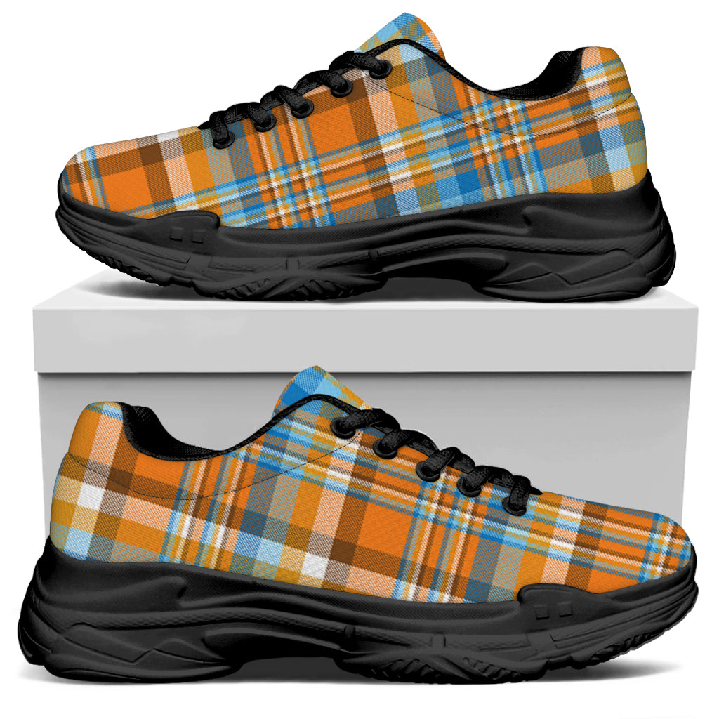 Orange And Blue Madras Pattern Print Black Chunky Shoes