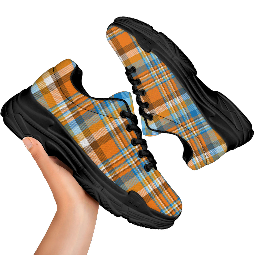 Orange And Blue Madras Pattern Print Black Chunky Shoes