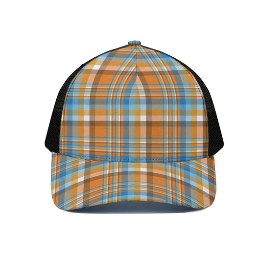 Orange And Blue Madras Pattern Print Black Mesh Trucker Cap