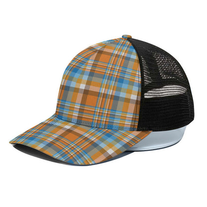Orange And Blue Madras Pattern Print Black Mesh Trucker Cap