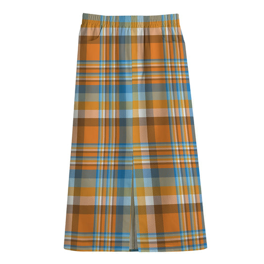 Orange And Blue Madras Pattern Print Cotton Front Slit Maxi Skirt