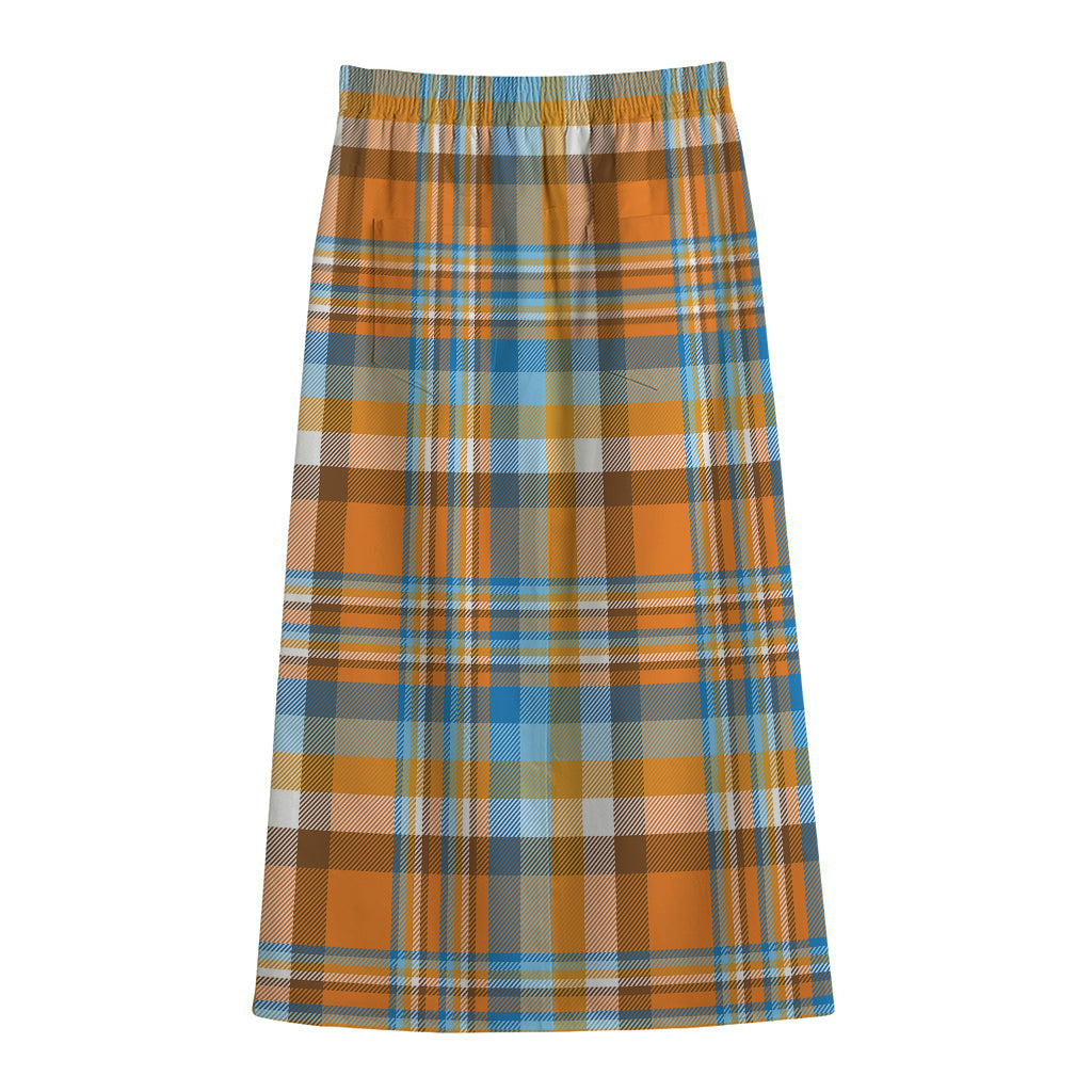 Orange And Blue Madras Pattern Print Cotton Front Slit Maxi Skirt