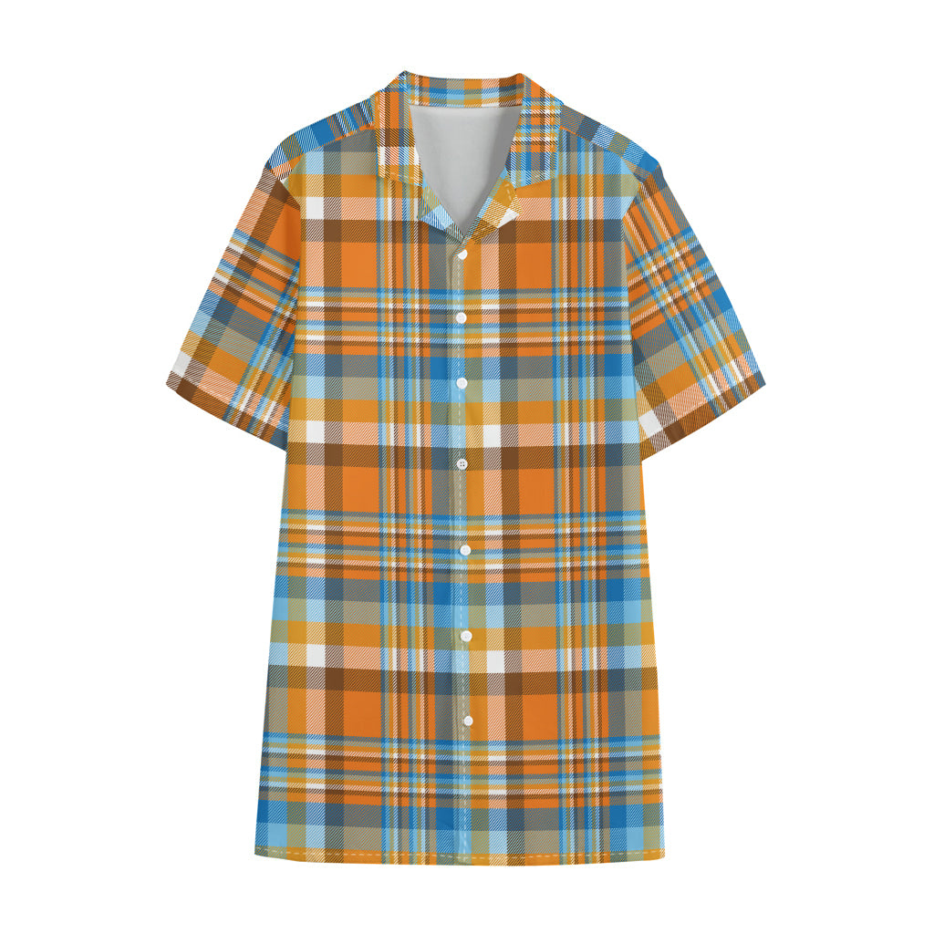 Orange And Blue Madras Pattern Print Cotton Hawaiian Shirt