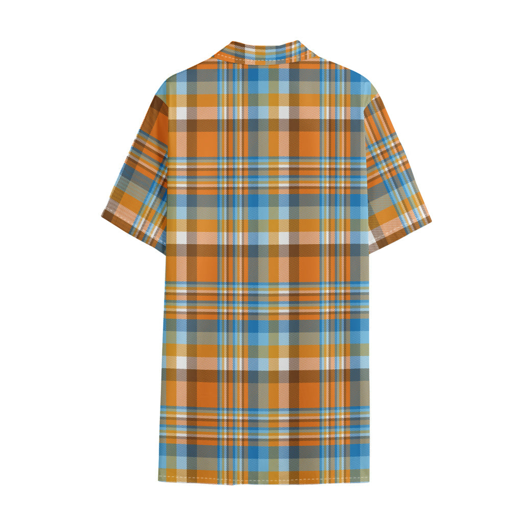 Orange And Blue Madras Pattern Print Cotton Hawaiian Shirt