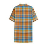 Orange And Blue Madras Pattern Print Cotton Hawaiian Shirt