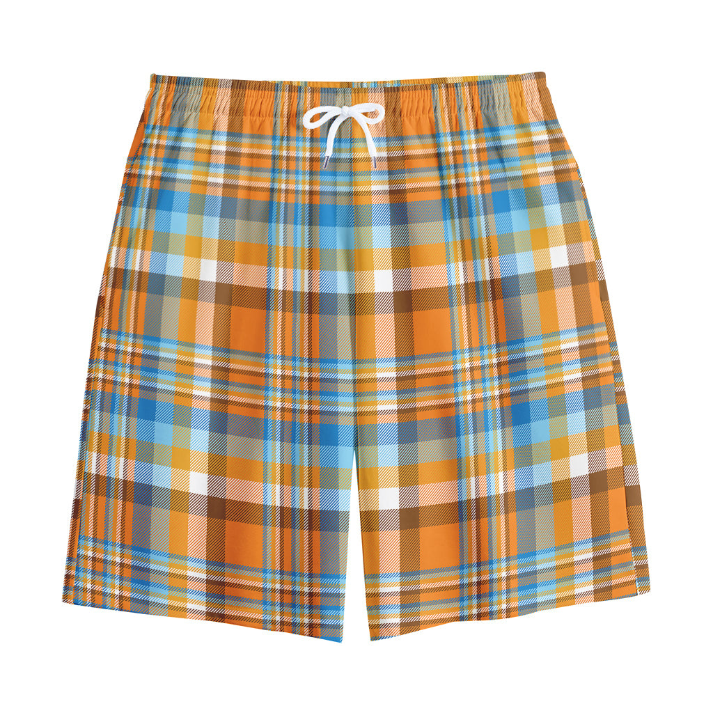 Orange And Blue Madras Pattern Print Cotton Shorts