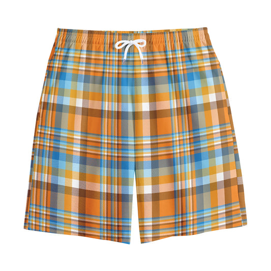 Orange And Blue Madras Pattern Print Cotton Shorts