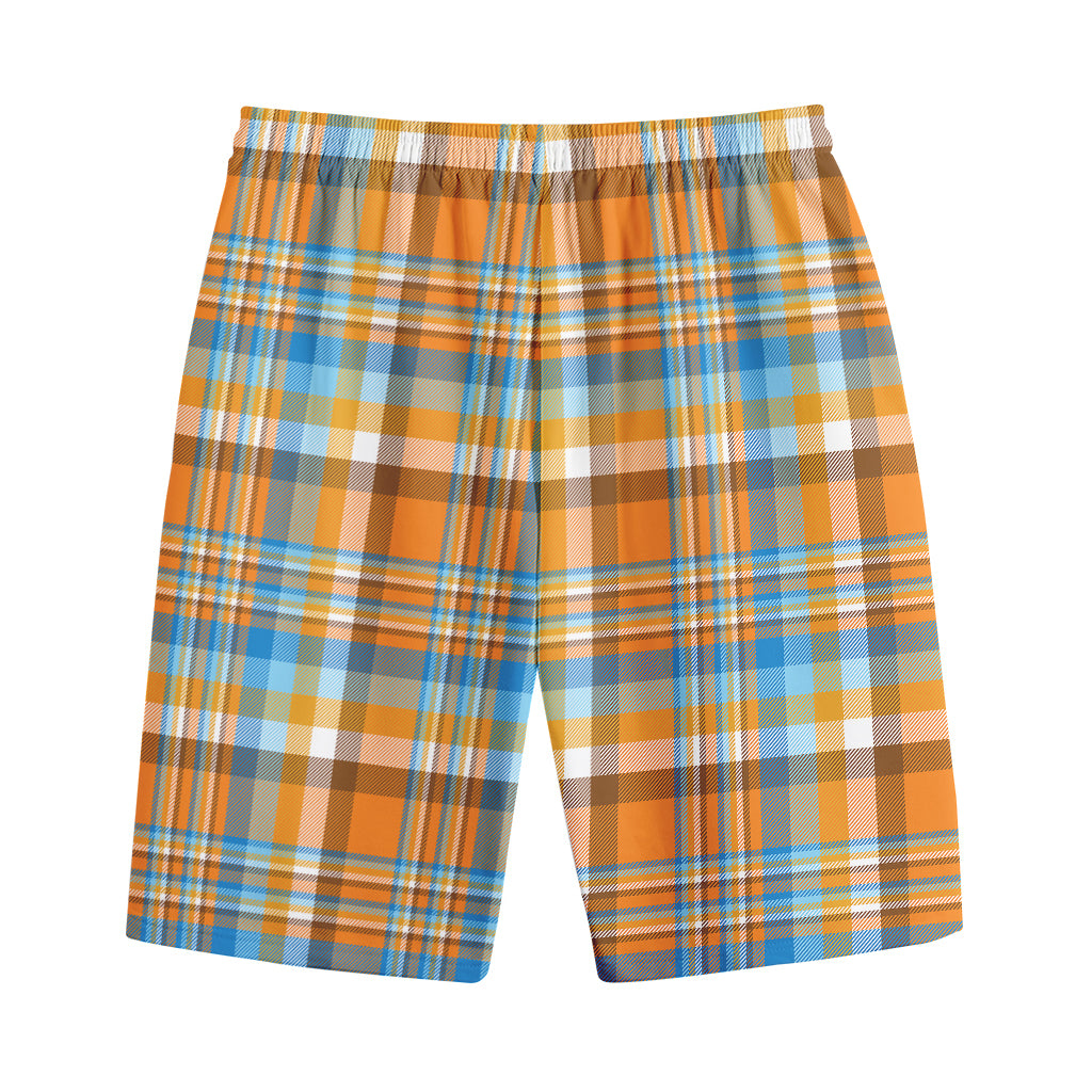 Orange And Blue Madras Pattern Print Cotton Shorts