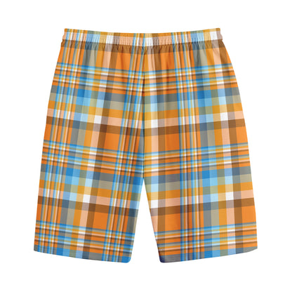 Orange And Blue Madras Pattern Print Cotton Shorts