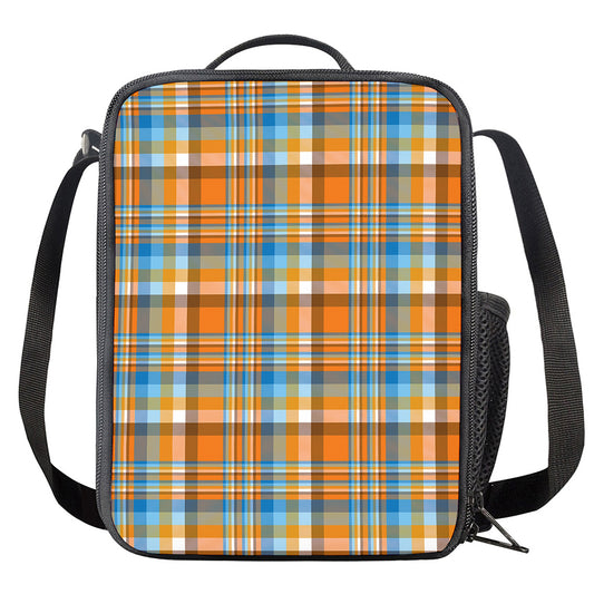 Orange And Blue Madras Pattern Print Crossbody Lunch Bag