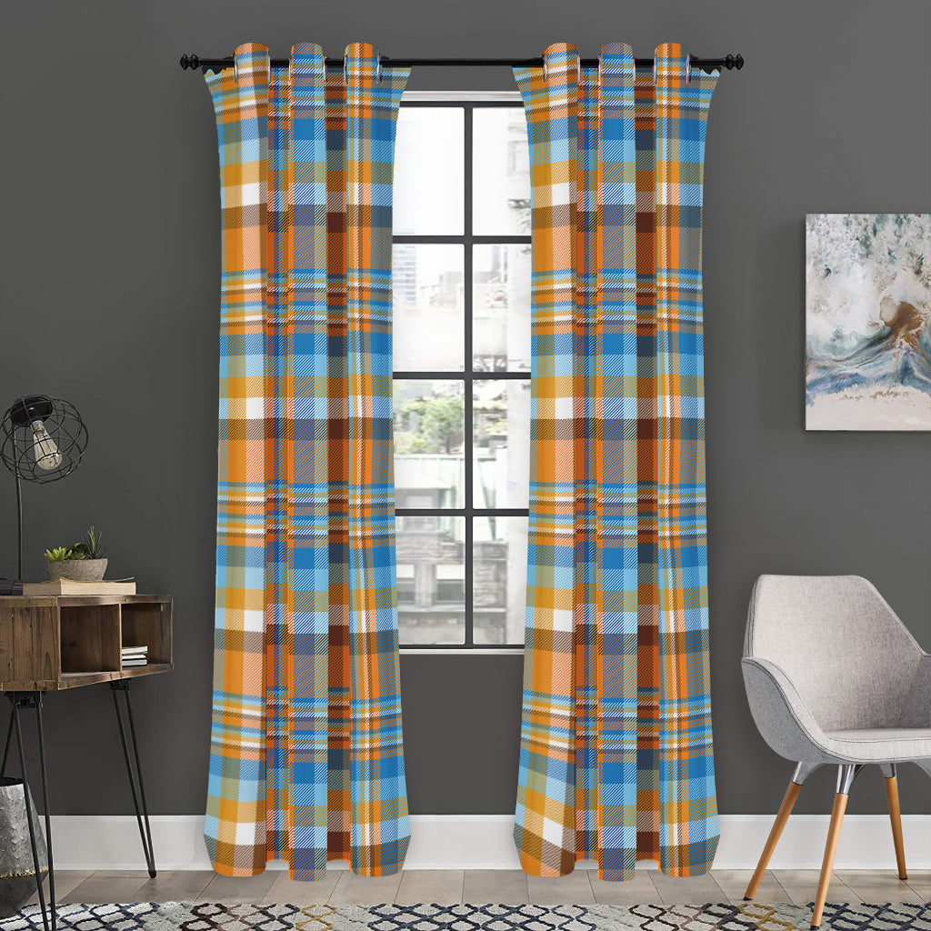 Orange And Blue Madras Pattern Print Curtain