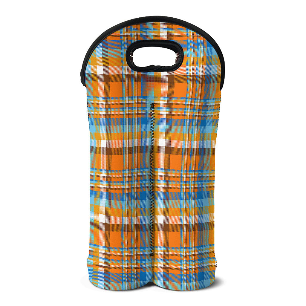 Orange And Blue Madras Pattern Print Double Neoprene Wine Tote