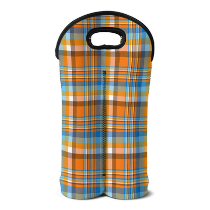 Orange And Blue Madras Pattern Print Double Neoprene Wine Tote