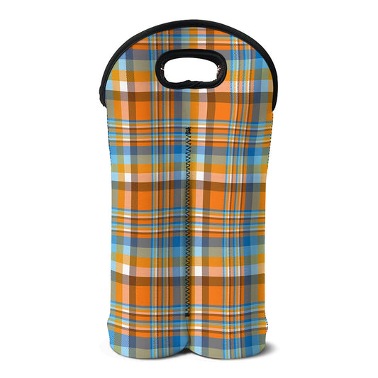 Orange And Blue Madras Pattern Print Double Neoprene Wine Tote