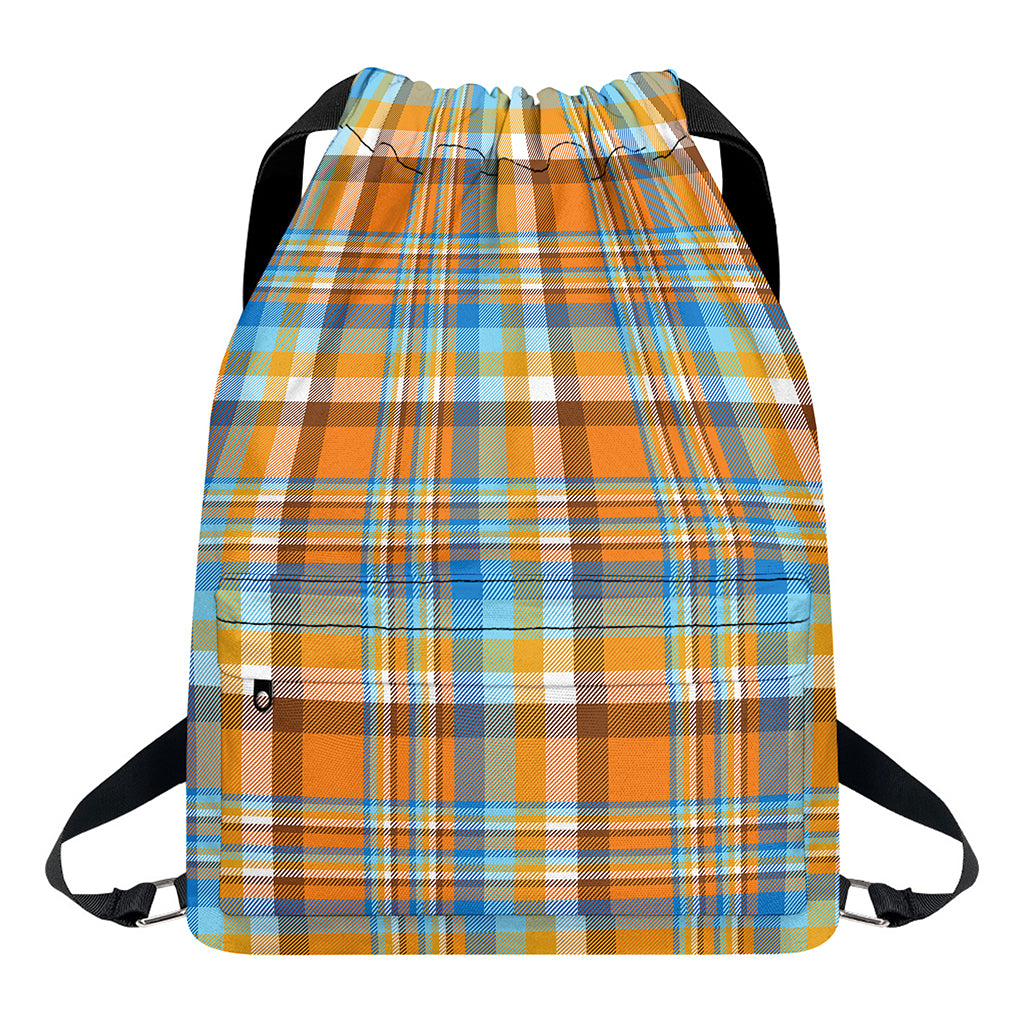 Orange And Blue Madras Pattern Print Drawstring Backpack