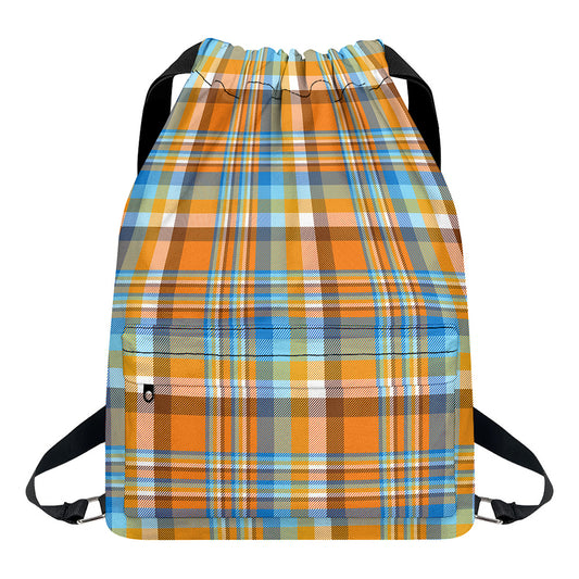 Orange And Blue Madras Pattern Print Drawstring Backpack