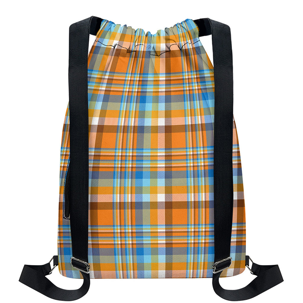 Orange And Blue Madras Pattern Print Drawstring Backpack